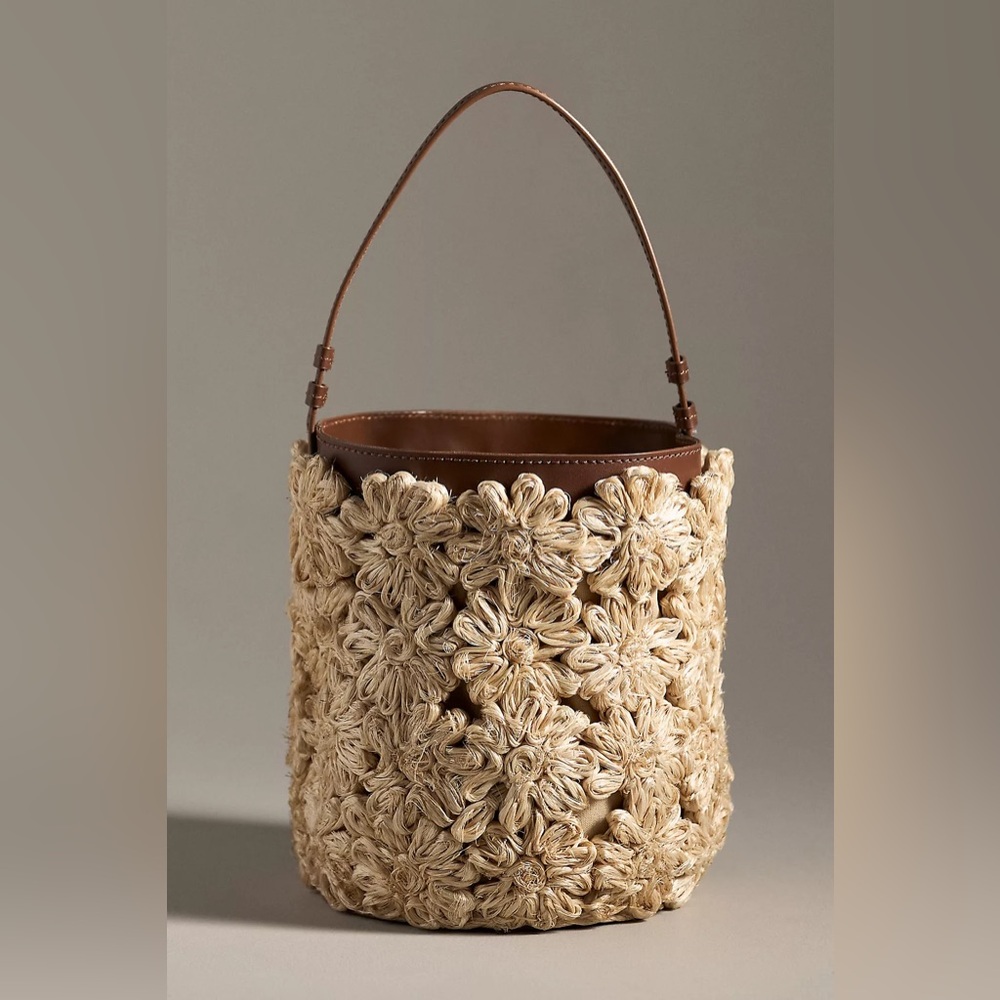 Poolside Ravello Floral Bucket Bag Woven Straw Flowers Boho Handmade